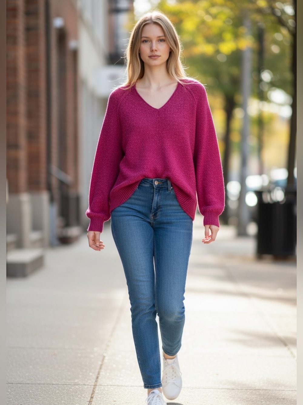 Code x Mode Vibrant Pink Crew Neck Sweater with Relaxed Fit